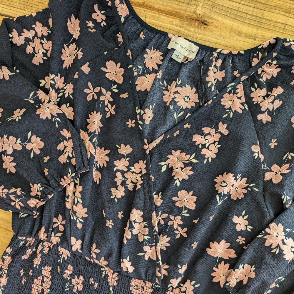 Premier Amour Mini Dress Womens 14 Navy Blush Floral Ruched Elastic Ruffle Party